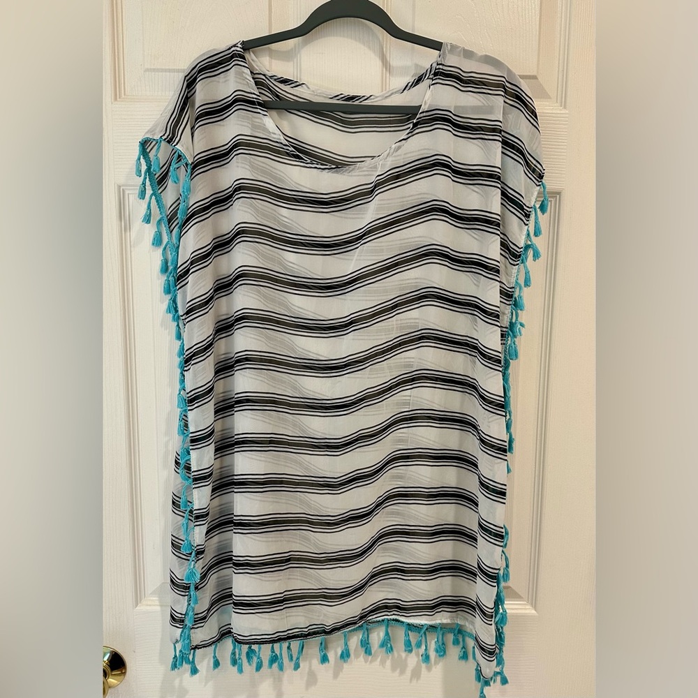 NWOT Striped Black and White Sheer Top with Teal Tassels